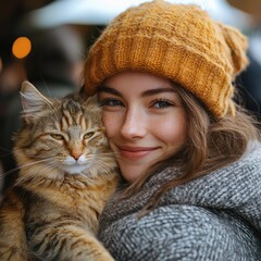 Smiling woman in cozy knit hat embraces her fluffy cat in an outdoor setting, capturing a warm moment of companionship and joy in winter.