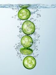 Cucumber slices floating down like rings in water create refreshing visual. bubbles surrounding slices enhance feeling of freshness and vitality. 