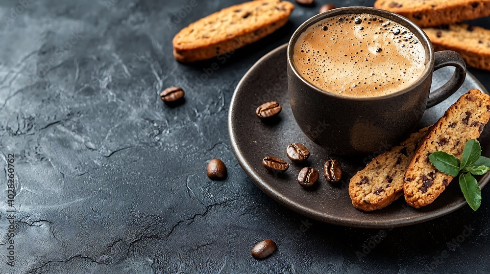 Poster coffee espresso in cup with biscotti cookies on black marble background close up top view : generati