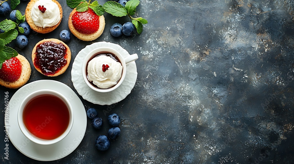 Aufkleber scones tea cakes with jam clotted cream with tea traditional british teatime grey background copy sp