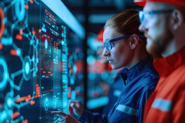 Two engineers analyzing data on a digital screen in a high-tech control room, focusing on futuristic technology and innovation.