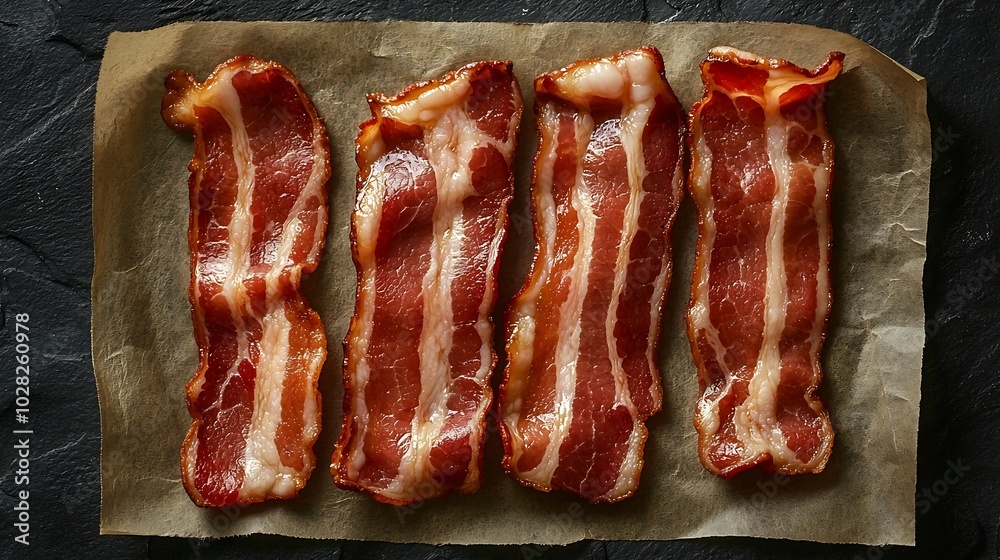Poster Raw bacon slices on parchment paper Grey slate background Close up : Generative AI
