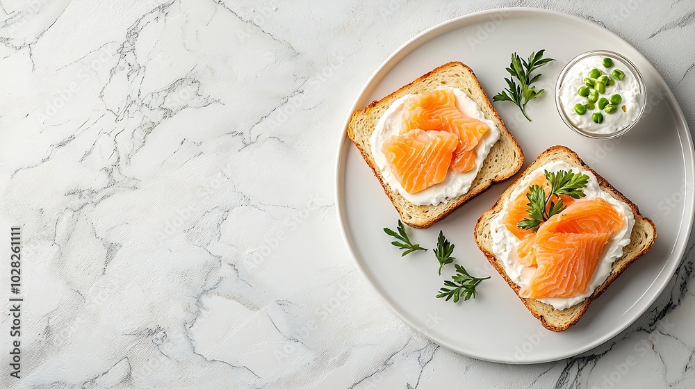 Poster sandwich toast with smoked salmon and cream cheese on white plate marble background top view : gener