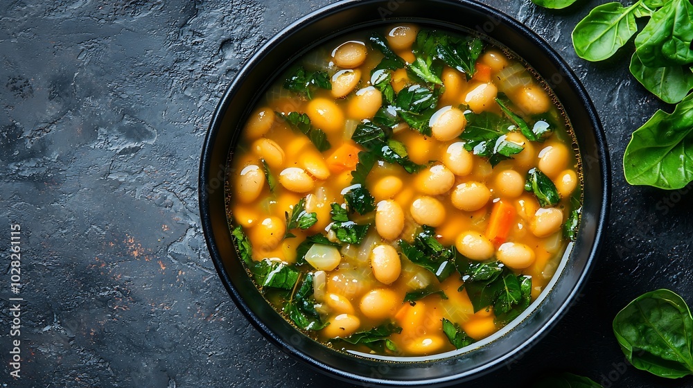 Poster bean soup in a black bowl grey background close up top view : generative ai