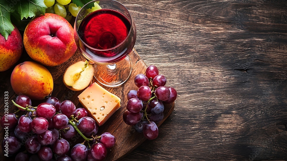 Poster cheese and fruits on cutting board with red white wine wooden background copy space top view : gener