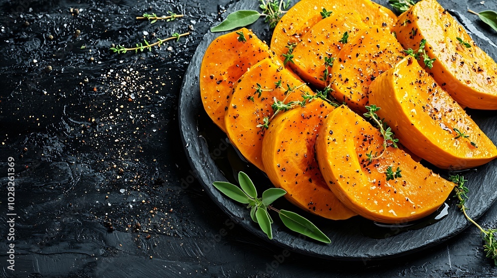 Poster roasted pumpkin with honey glaze and herbs on a black plate slate background copy space top view : g