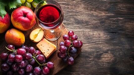 Cheese and fruits on cutting board with red white wine Wooden background Copy space Top view : Generative AI