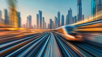 A high-speed train racing through a futuristic cityscape.