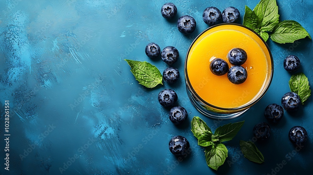 Aufkleber pineapple juice smoothie with fresh fruit on blue background copy space top view : generative ai