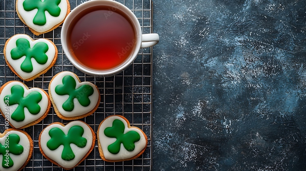 Poster shamrock cookies on cooling rack with cup of tea st patricks day dessert grey background top view : 