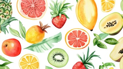 Watercolor Illustration of Tropical Fruits and Leaves