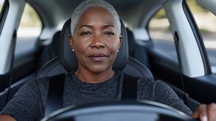 Obraz premium Confident Senior Woman Driving Electric Car Modern Transportation Future Mobility