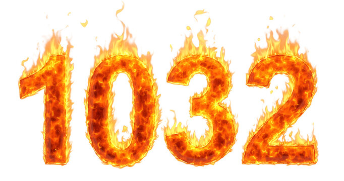 numbers 1, 0, 3, and 2 on fire , ablaze with flames on a transparent background 