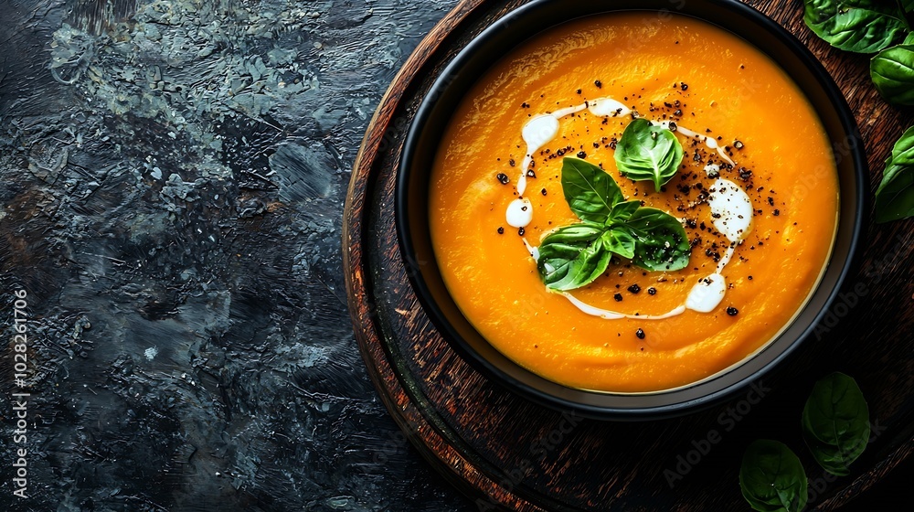 Poster pumpkin butternut squash soup with cream in black bowl on wooden tray grey background close up top v
