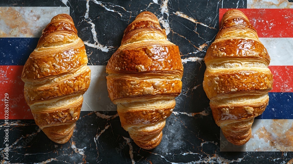Poster croissants with french flag marble background top view : generative ai