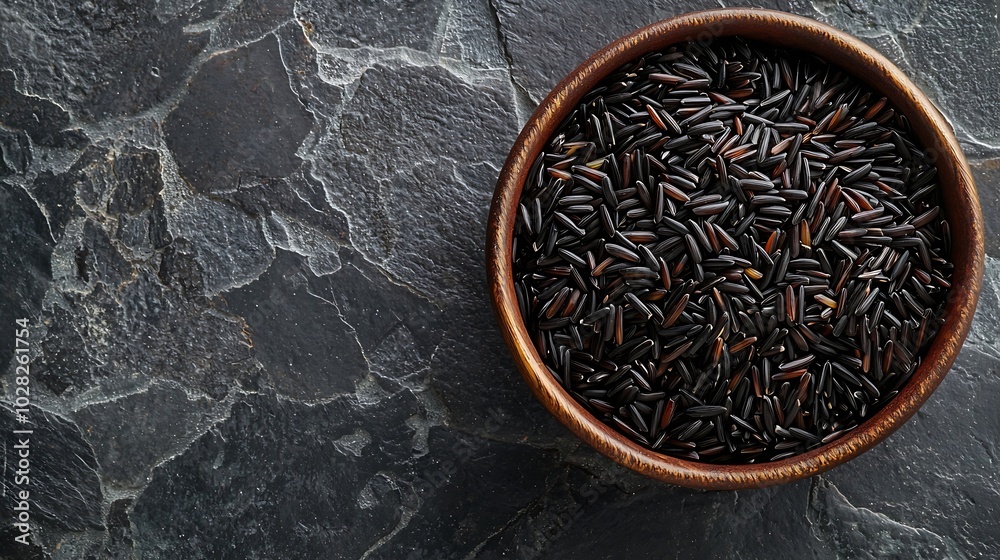 Poster black wild rice in a bowl grey stone background close up top view : generative ai