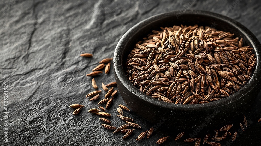 Poster cumin seed in black bowl grey slate background close up : generative ai