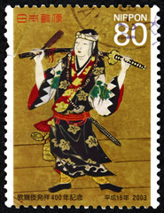 Postage stamp Japan 2003 Okuni Kabuki-zu, detail from painted screen, Izumo no Okuno, the founder of kabuki theatre