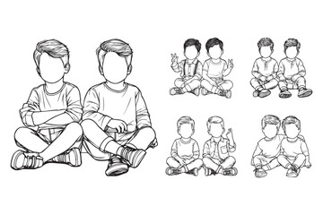 Line Art Love Twin Child Cute Brother Chibi Pose Art Black and White Illustration Hand Drawn Clipart