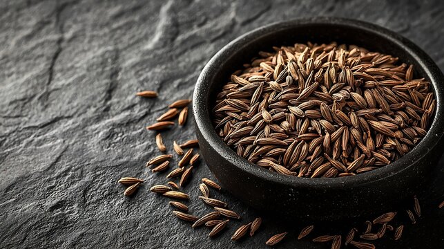 Cumin seed in black bowl Grey slate background Close up : Generative AI