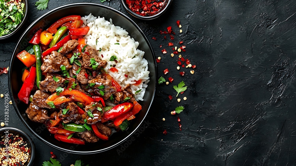 Poster beef and vegetables stir fry with white rice in a black bowl grey background top view : generative a