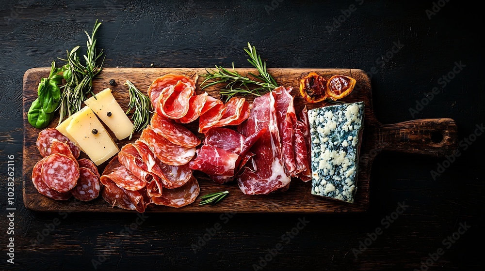 Poster cheese and meat appetizers on cutting board on wooden background copy space top view : generative ai