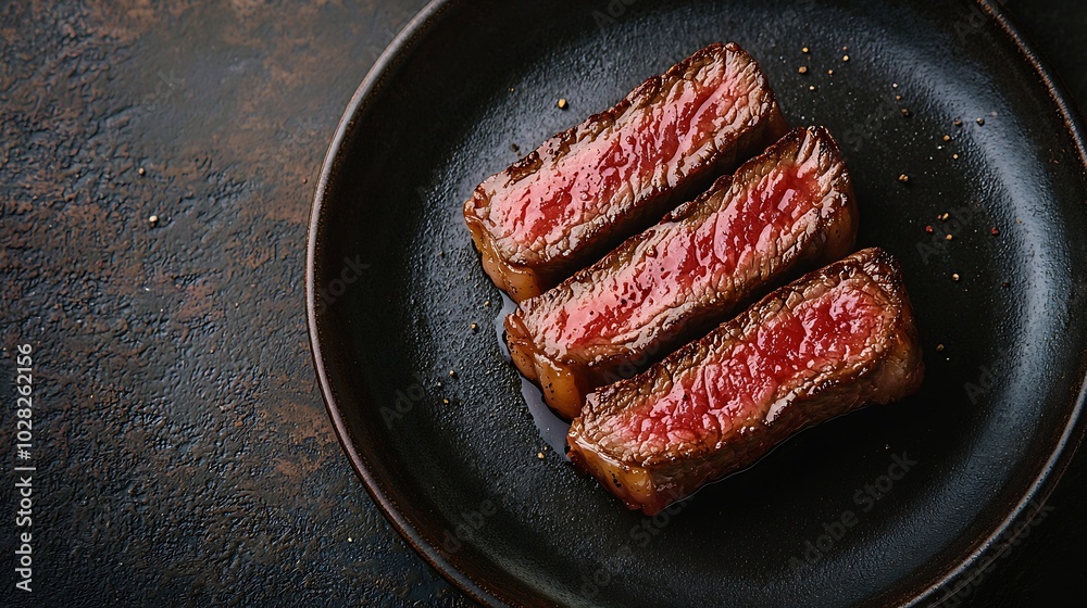 Poster beef steak meat medium rare on plate dark background copy space top view : generative ai