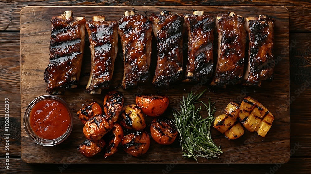 Poster Lamb ribs grilled on cutting board with roasted vegetables Black background Top view Copy space : Generative AI