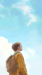 Naklejka premium Traveler Boy with Backpack Looking at Blue Sky - Conceptual Illustration for Adventure and Wanderlust