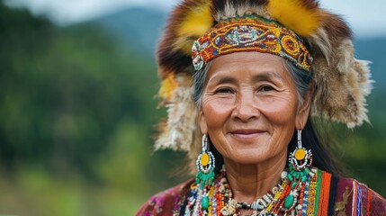 Fototapeta premium A woman from an Asian tribe proudly wearing her ceremonial attire, adorned with colorful beads, woven fabrics, and animal pelts, as part of a sacred ritual