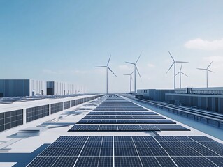 2408 48.A factory rooftop lined with solar panels, with tall wind turbines visible in the background under a cloudless blue sky. The clean, efficient design emphasizes the role of renewable energy in
