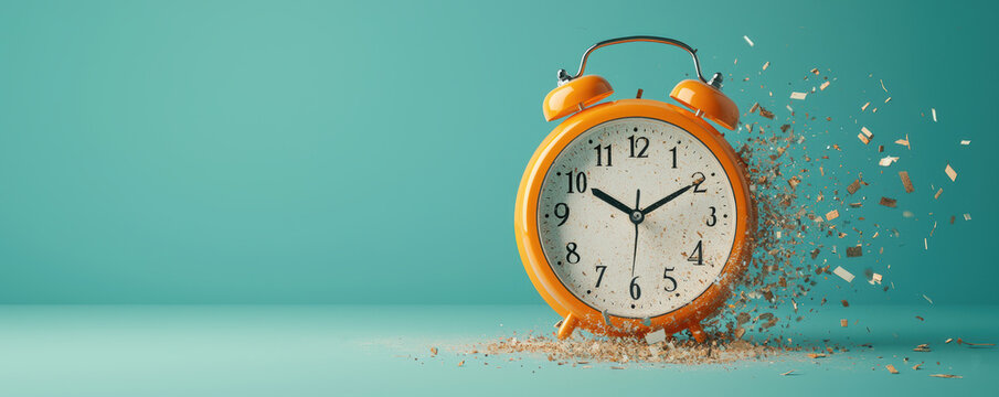 vibrant orange alarm clock is depicted, with its hands spinning wildly, surrounded by burst of particles, symbolizing chaos and passage of time. 