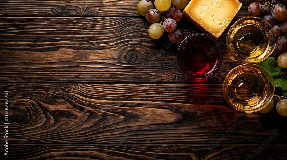 Poster assortment of cheese grapes with red and white wine in glasses wooden background top view copy space