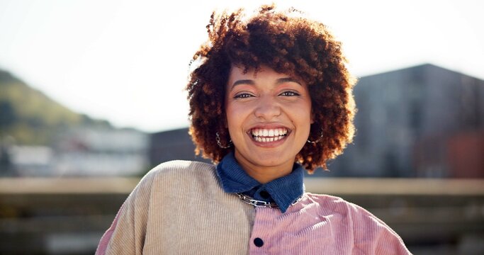 Fashion, weekend and portrait of woman in city with casual outfit, designer clothes and streetwear. Gen z student, urban town and happy person with style for confidence, pride and smile outdoors