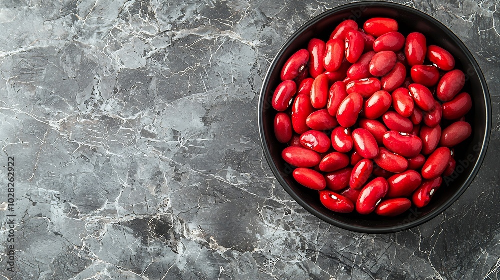 Poster red kidney beans in a black bowl on grey stone background top view copy space : generative ai