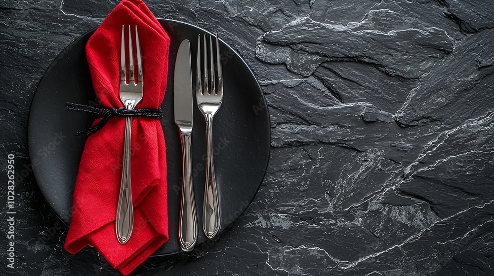Poster halloween holiday table setting decoration with vampire teeth and red napkin black slate background 
