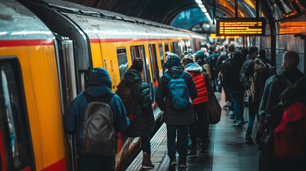 A group of people boarding a train at a busy station.