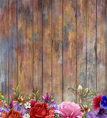 watercolor illustration painting of leaves and flower with painted wood background