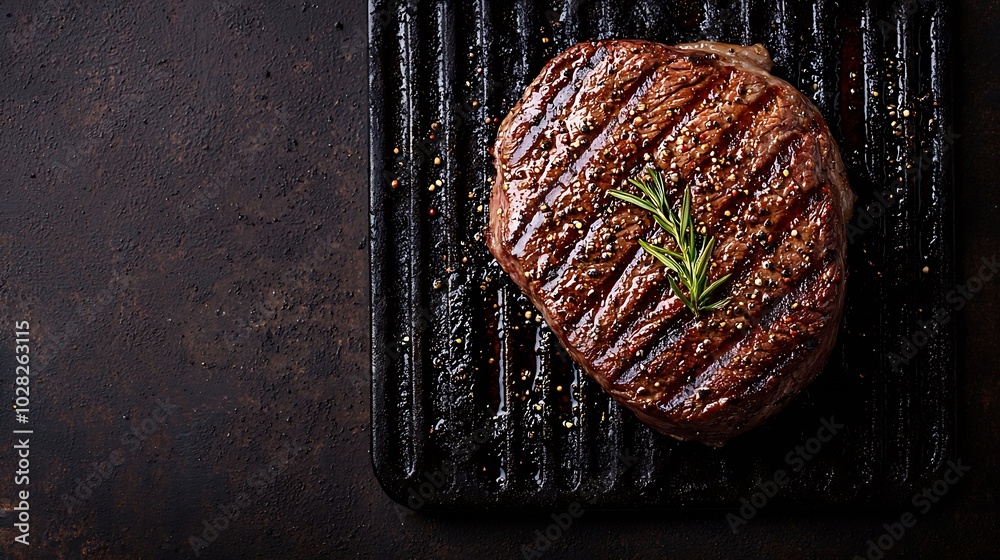 Poster beef steak on grill surface copy space top view : generative ai