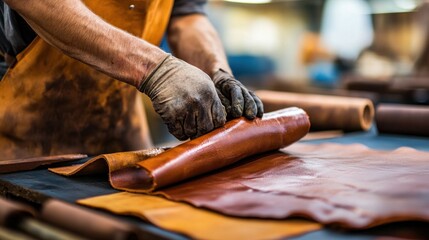 Leather finishing in the tanning industry, with workers applying dyes, polishing, and finishing leather to achieve the desired texture, color, and quality for premium products