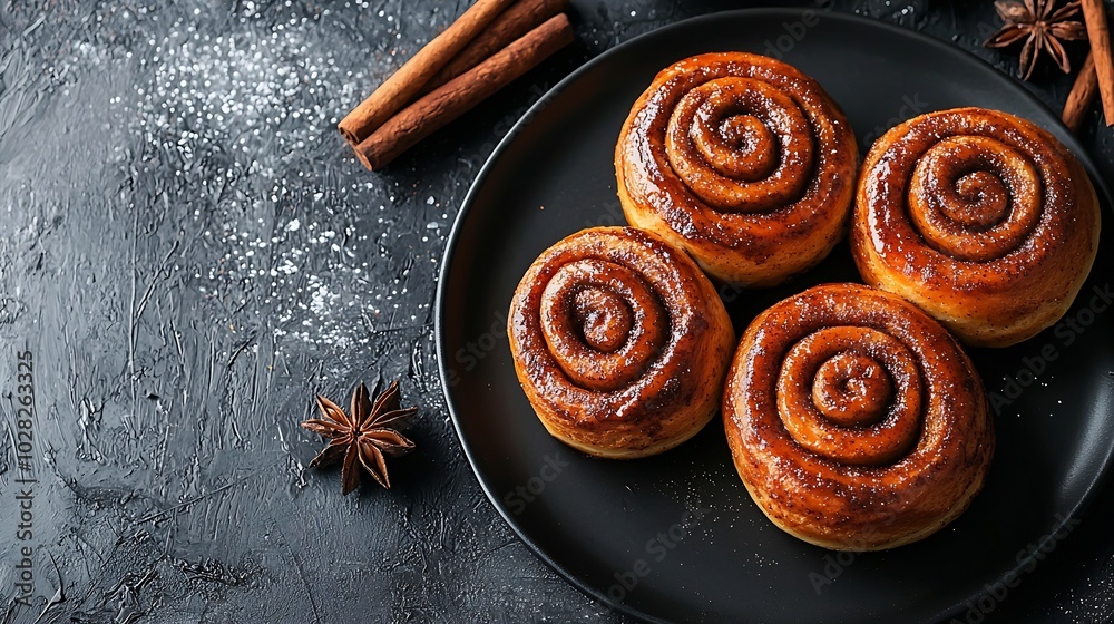 Poster cinnamon rolls cinnabons on black plate grey background copy space top view : generative ai