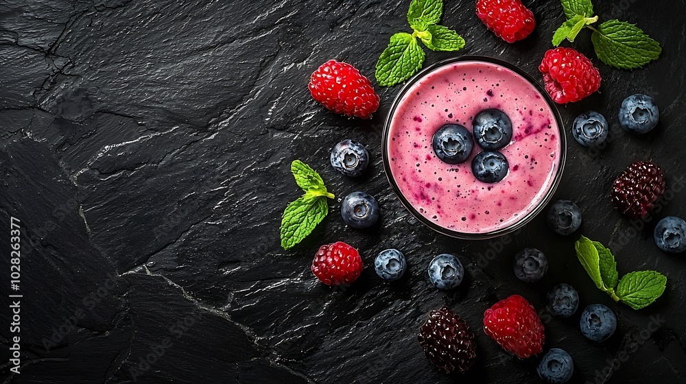 Poster berry smoothie with fresh blueberries on a black stone background copy space top view : generative a