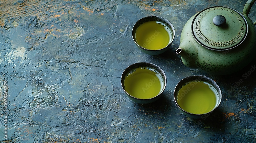 Poster green tea in tea pot and bowls cups on slate background top view : generative ai
