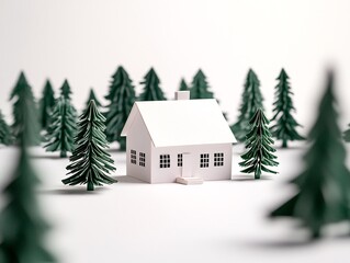 2408 25.A minimalist paper-crafted home in the center, framed by delicate green paper trees on a pure white background. This design represents downsizing and transitioning to rural life, away from