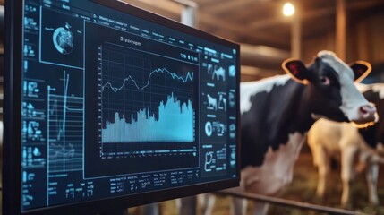 Livestock data analytics displayed on a digital platform, showing real-time monitoring of animal health, movement, and productivity, with detailed graphs and trends for farm management