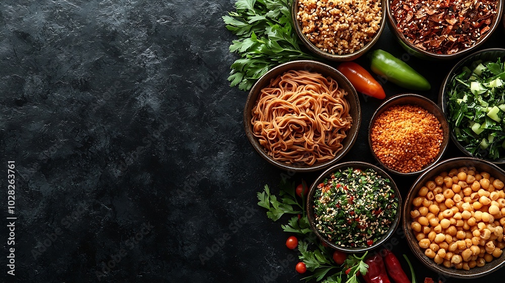 Poster assortment of japanese soba noodles with sauce and garnishes black slate background top view : gener
