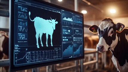 Livestock data analytics displayed on a digital platform, showing real-time monitoring of animal health, movement, and productivity, with detailed graphs and trends for farm management