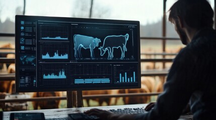Livestock data analytics displayed on a digital platform, showing real-time monitoring of animal health, movement, and productivity, with detailed graphs and trends for farm management