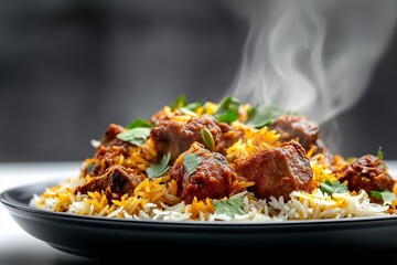 A vibrant plate of steaming biryani garnished with fresh herbs and tender meat, showcasing a delicious blend of spices and rice.