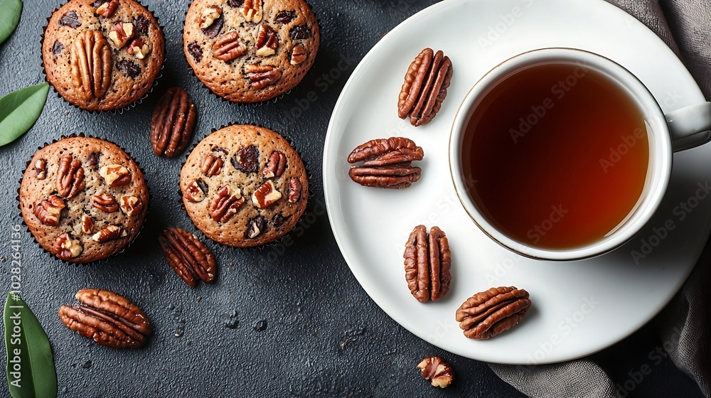 Poster pecan nuts muffins cake with cup of tea on a plate grey background top view : generative ai